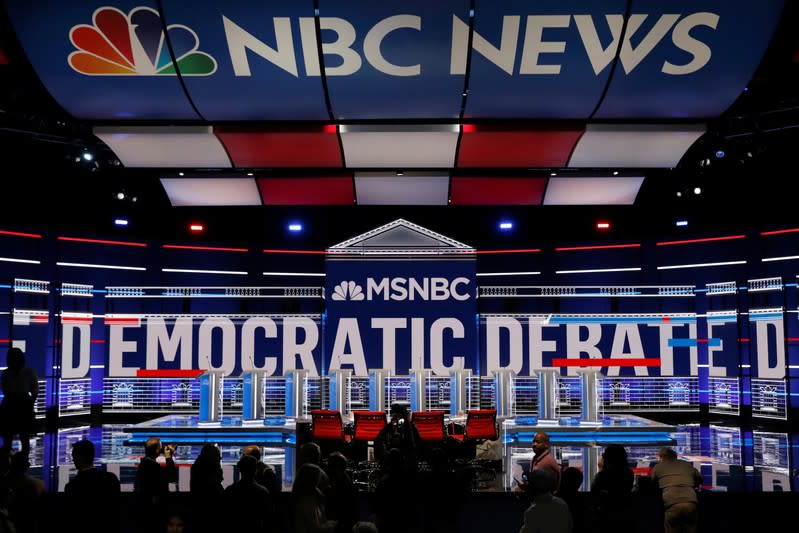 The set and ten podiums for the U.S. Democratic presidential candidates debate are seen the day before the debate at the Tyler Perry Studios in Atlanta, Georgia