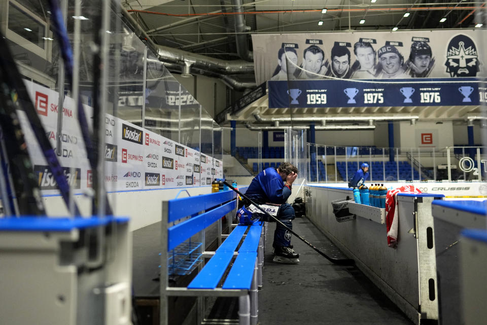 Jaromir Jagr sits on a bench during a practice session of his team Kladno Knights in Kladno, Czech Republic, Thursday, Feb. 8, 2024. (AP Photo/Petr David Josek)