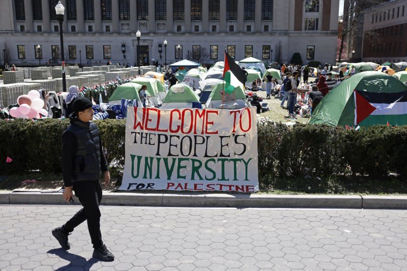 An encampment of pro-Palestinian protestors is seen in the main quad at Columbia University in New York on Monday. The university said during the protests there have been acts of vandalism on campus and "reports of harassment and discrimination." Photo by John Angelillo/UPI