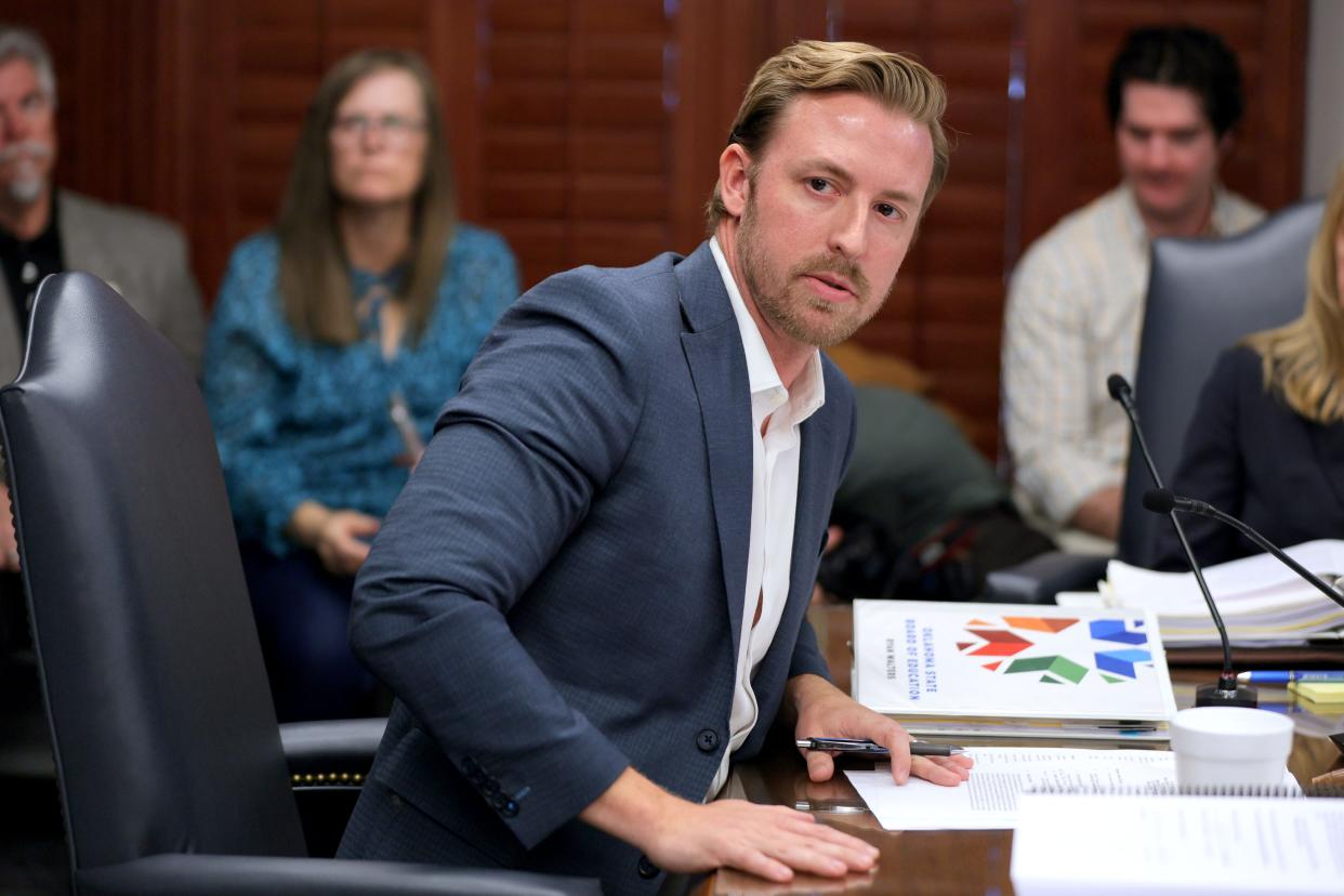 State schools Superintendent Ryan Walters speaks March 28 during an Oklahoma State Board of Education meeting at the Oliver Hodge Building in Oklahoma City.