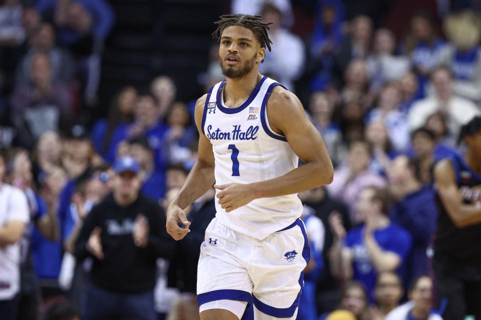 Seton Hall Pirates forward Tray Jackson (1) runs up court after a basket against the DePaul Blue Demons during the first half at Prudential Center. Mandatory Credit: Vincent Carchietta-USA TODAY Sports