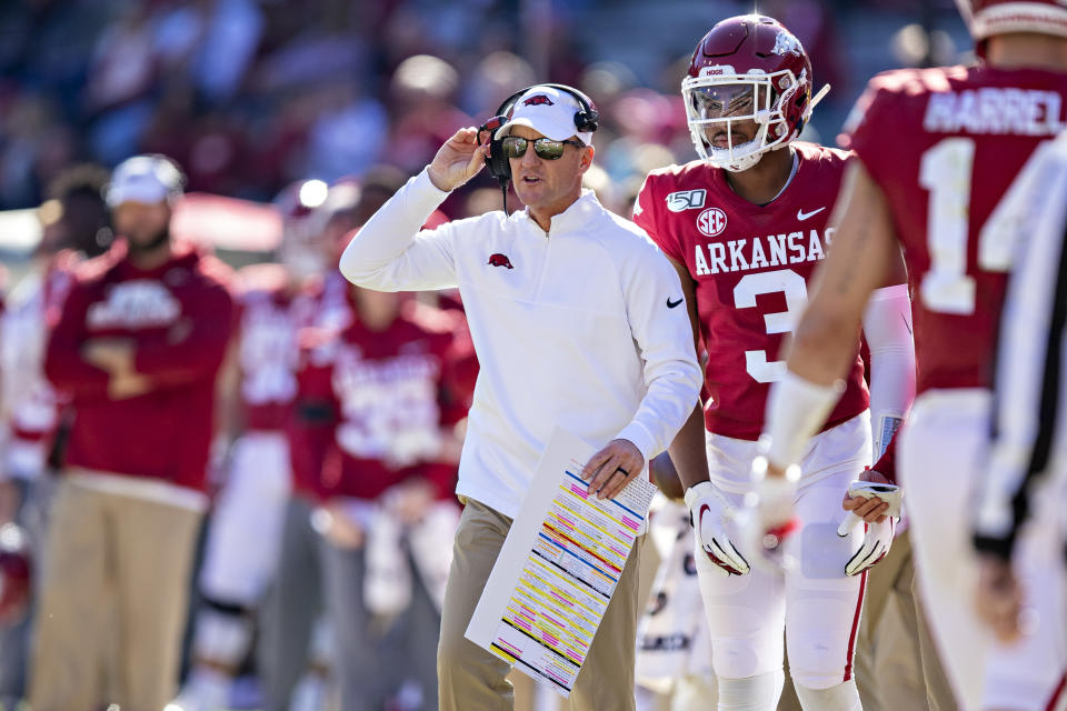 FAYETTEVILLE, AR - NOVEMBER 9:  Head Coach Chad Morris of the Arkansas Razorbacks on the sidelines during a game against the Western Kentucky Hilltoppers at Razorback Stadium on November 9, 2019 in Fayetteville, Arkansas.  The Hilltoppers defeated the Razorbacks 45-19.  (Photo by Wesley Hitt/Getty Images)