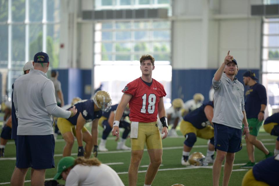 Steve Angeli QB of the Fighting Irish at practice at the Fighting Irish Athletic Center at <a class="link " href="https://sports.yahoo.com/ncaaf/teams/notre-dame/" data-i13n="sec:content-canvas;subsec:anchor_text;elm:context_link" data-ylk="slk:Notre Dame;sec:content-canvas;subsec:anchor_text;elm:context_link;itc:0">Notre Dame</a> on Wednesday July 26, 2023.