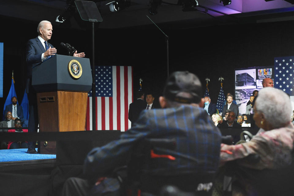 Tulsa race massacre survivors Viola Fletcher (right) and Hughes Van Ellis (second from right) watch as President Joe Biden speaks at the Greenwood Cultural Center in Tulsa on Tuesday during a commemoration of the 100th anniversary of the massacre. (Photo: MANDEL NGAN via Getty Images)