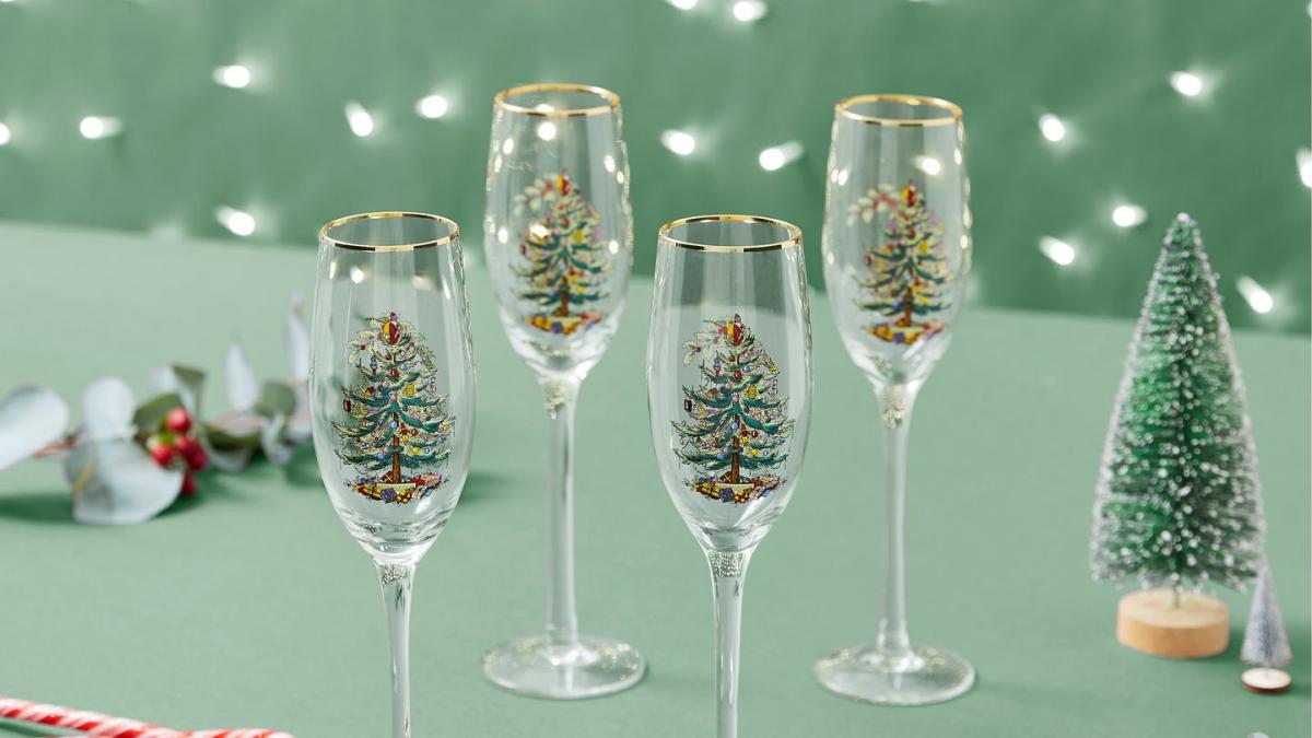 Etched Multicolor Christmas Champagne Flutes Glasses Set of 4