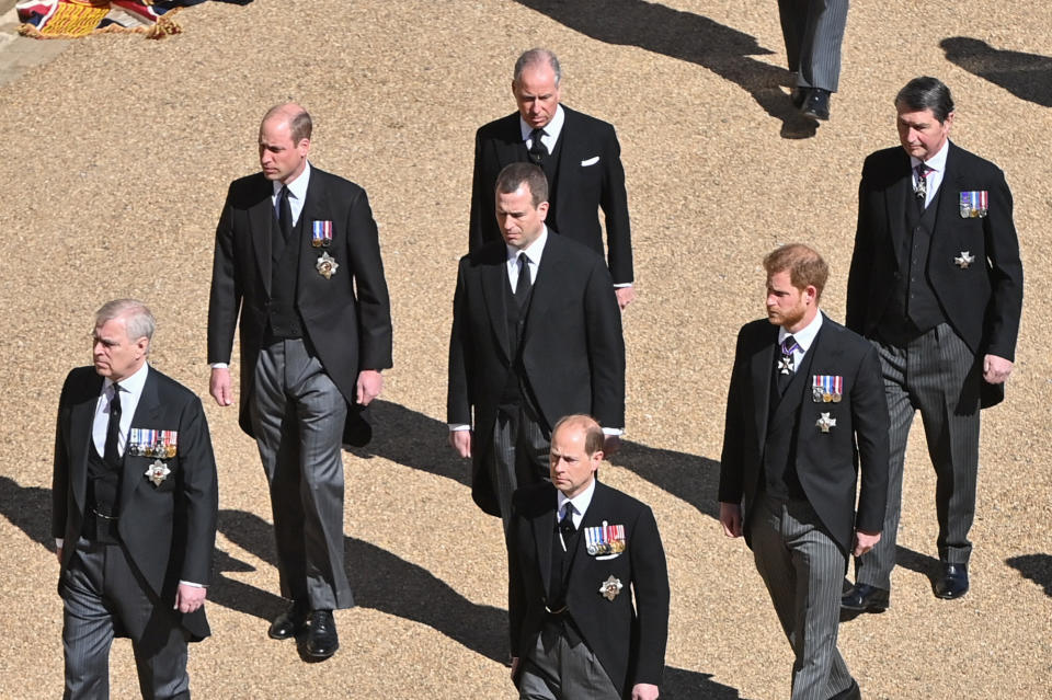 WINDSOR, ENGLAND - APRIL 17:  (L-R) Prince Andrew, Duke of York,  Prince William, Duke of Cambridge, Prince Edward, Earl of Wessex,  Peter Phillips, Earl of Snowdon David Armstrong-Jones, Prince Harry, Duke of Sussex and Vice-Admiral Sir Timothy Laurence during the funeral of Prince Philip, Duke of Edinburgh on April 17, 2021 in Windsor, England. Prince Philip of Greece and Denmark was born 10 June 1921, in Greece. He served in the British Royal Navy and fought in WWII. He married the then Princess Elizabeth on 20 November 1947 and was created Duke of Edinburgh, Earl of Merioneth, and Baron Greenwich by King VI. He served as Prince Consort to Queen Elizabeth II until his death on April 9 2021, months short of his 100th birthday. His funeral takes place today at Windsor Castle with only 30 guests invited due to Coronavirus pandemic restrictions. (Photo by Samir Hussein - Pool/Wireimage)