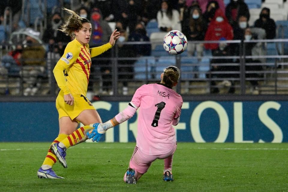 Alexia Putellas scores the third goal against Real Madrid, who Barcelona host at the Nou Camp in the second leg tonight   (AFP via Getty Images)