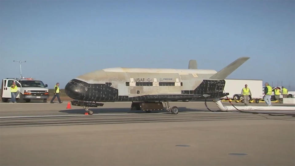 An unpiloted X-37B spaceplane on the runway after an earlier classified mission. / Credit: Boeing