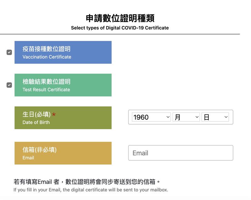 第二步驟，勾選申請項目並填寫出生日期。（圖／截取自衛福部數位新冠病毒健康證明申請頁面）