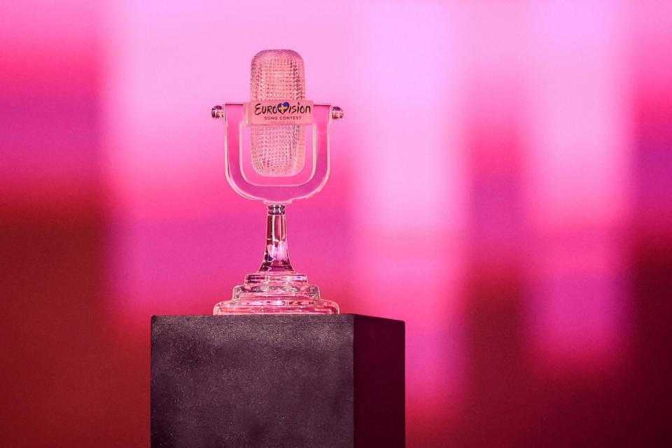 PHOTO: The trophy is pictured ahead of the 68th Eurovision Song Contest (ESC) 2024, on May 11, 2024, at the Malmo Arena in Malmo, Sweden.  (Andreas Hillergren/TT News Agency via AFP via Getty Images)