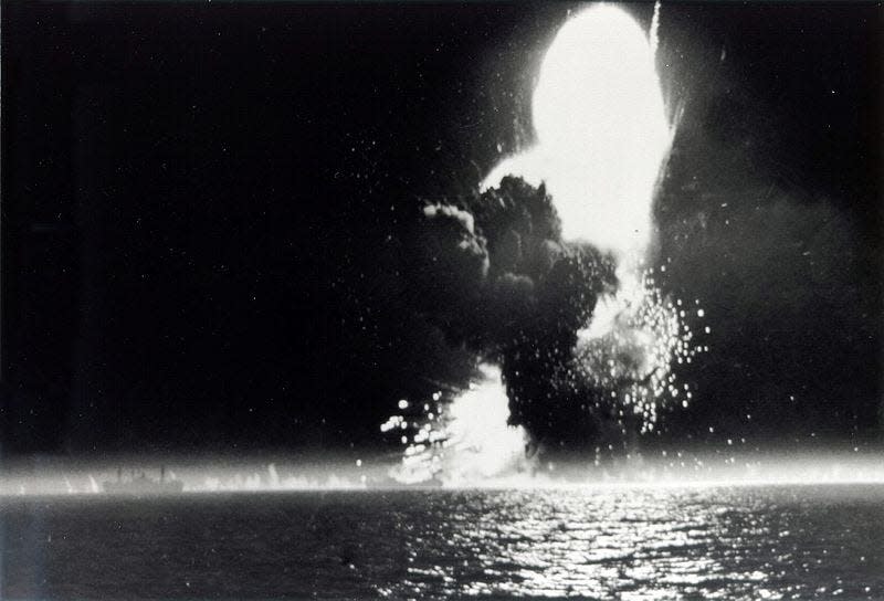 The S.S. Paul Hamilton Liberty Ship explodes in the Mediterranean Sea in 1944 and goes down in 30 seconds, killing all 580 passengers and crew. This picture was taken from another ship in the convoy.