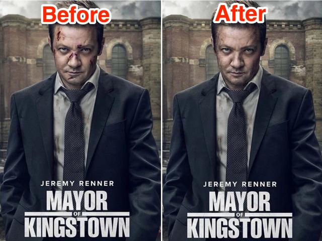 Mayor of Kingstown' promotional poster edited to remove Jeremy Renner's  face injuries as he recovers from snowplow accident