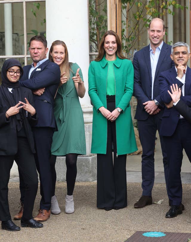 The Duke and Duchess of Cambridge alongside children from The Heathlands School, Mayor of London Sadiq Khan, right, TV presenter Steve Backshall MBE (2nd left) and Olympian Helen Glover (3rd left) during a visit to the Royal Botanic Gardens, Kew, in south London, to take part in a Generation Earthshot event