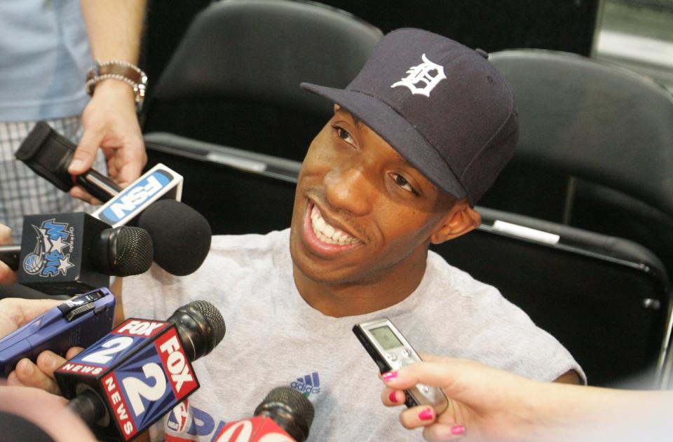 Pistons guard Chauncey Billups talks with reporters before practice for Game 4 of the Eastern Conference semifinals in Orlando, Florida, on Friday, May 9, 2008.