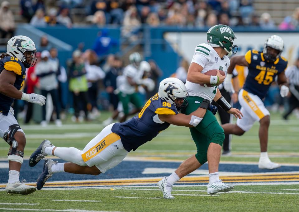 Freshman defensive lineman Stephen Daley sacks Ohio quarterback Kurtis Rourke during the Oct. 1 matchup at Dix Stadium.