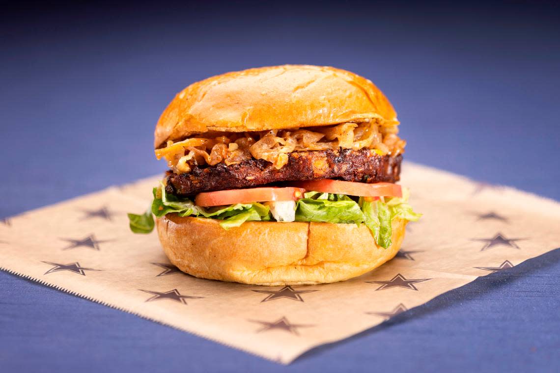 Black bean veggie burger, food photos for Legends at AT&T Cowboys Stadium in Arlington, TX on August 12, 2022.