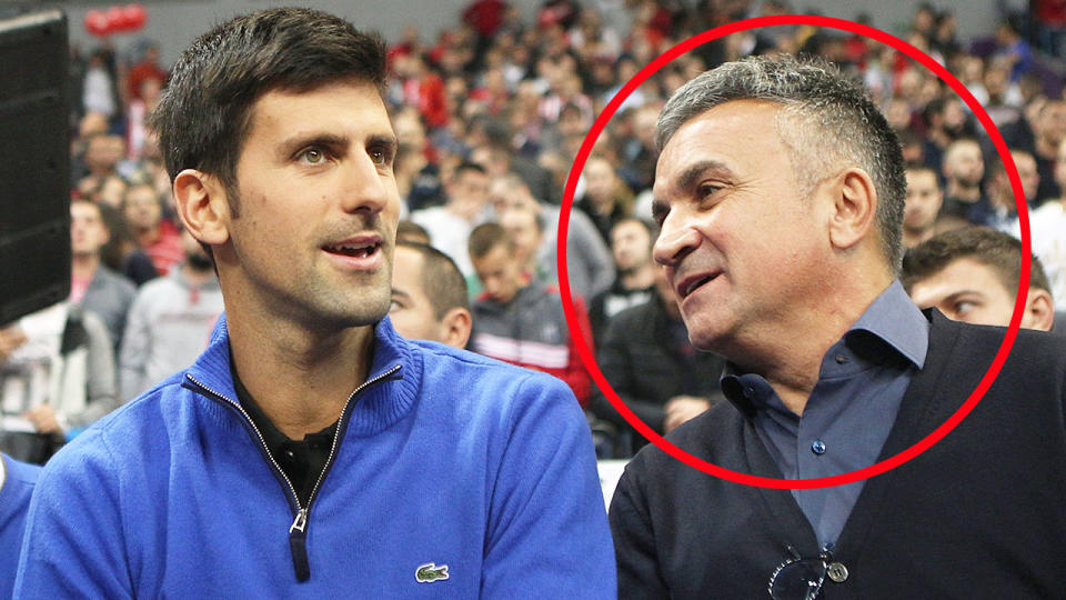 Pictured right, Novak Djokovic's father Srdjan chats with the tennis star during a match.