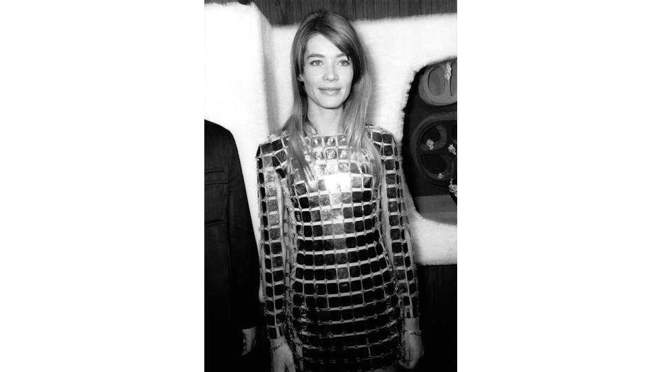 Françoise Hardy in Paco Rabanne's gold and diamond dress in May 1968