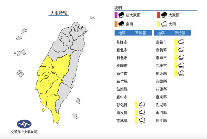 ▲午後熱對流發展旺盛，氣象局針對南投、彰化以南8縣市發布大雨特報。（圖／翻攝中央氣象局官網）