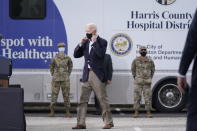 President Joe Biden arrives to speak at a FEMA COVID-19 mass vaccination site at NRG Stadium, Friday, Feb. 26, 2021, in Houston. (AP Photo/Patrick Semansky)