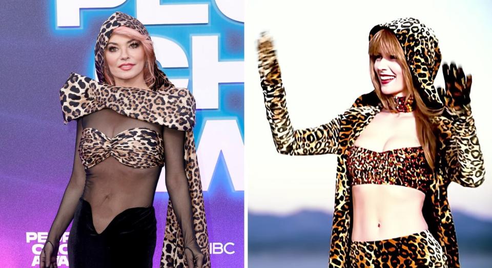 Shania Twain wears a leopard print dress at the People's Choice Awards (left) with a picture of her in a leopard print outfit in the 'That Don't Impress Me Much' 1998 music video (right). (Getty/YouTube)