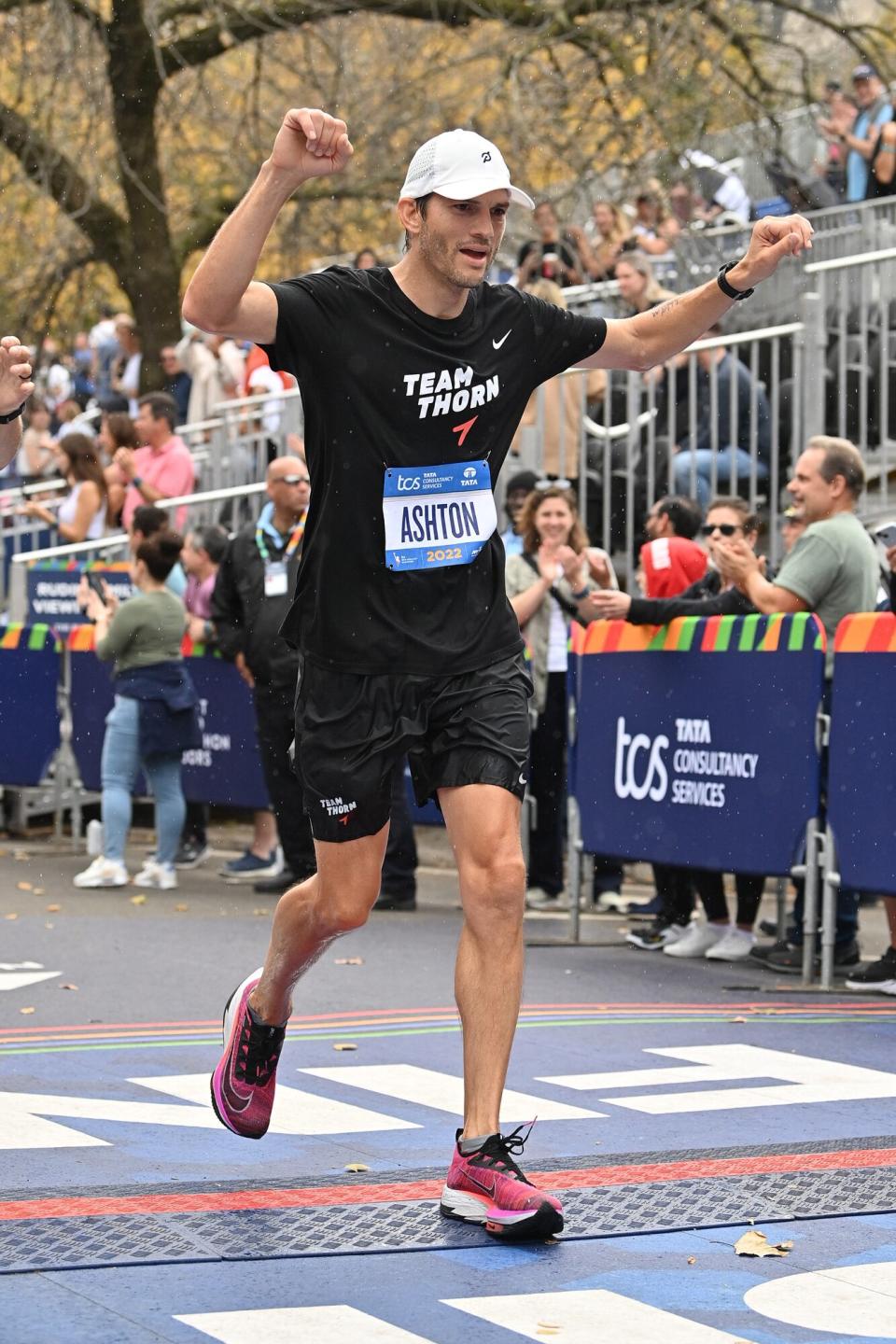 Ashton Kutcher finishes the 2022 TCS New York City Marathon on November 06, 2022 in New York City.