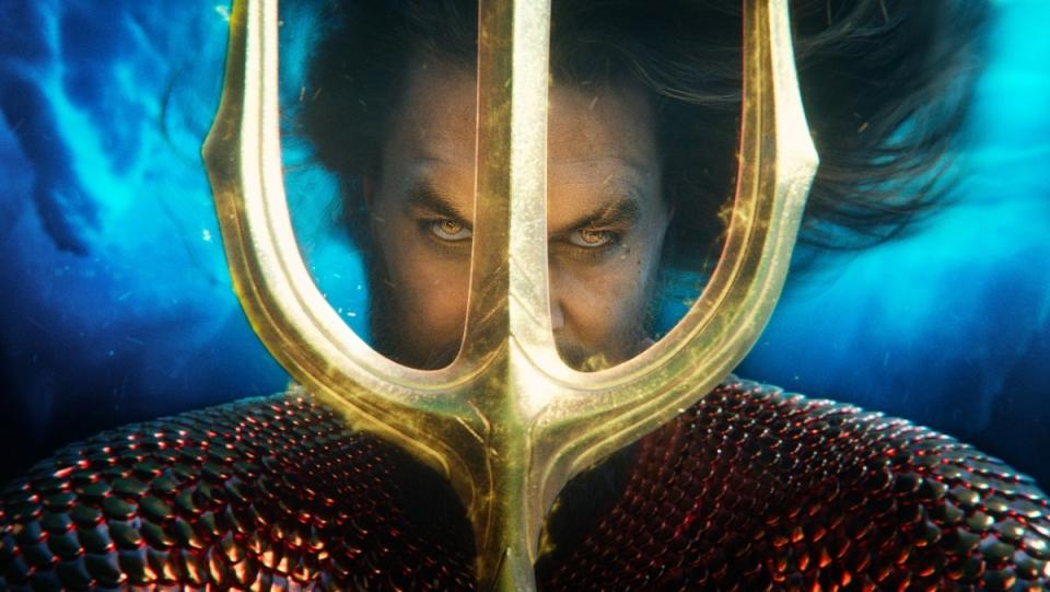 Arthur Curry looking through the prongs of his trident in the trailer for Aquaman: The Lost Kingdom.