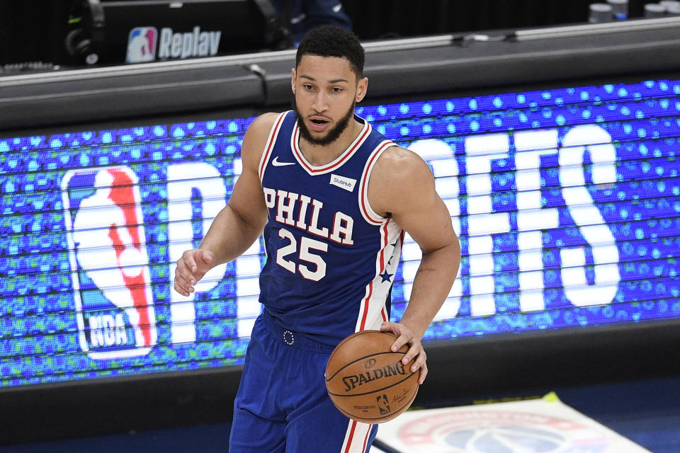 FILE - Philadelphia 76ers guard Ben Simmons (25) dribbles the ball during the second half of Game 3 in a first-round NBA basketball playoff series against the Washington Wizards, in Washington, in this Saturday, May 29, 2021, file photo. Ben Simmons can't shoot and lost his confidence. He blamed a mental block on the worst free-throw shooting percentage in NBA playoff history. The 76ers head into the offseason faced with a big question - do they try and salvage Simmons or deal the former No. 1 pick.(AP Photo/Nick Wass, File)