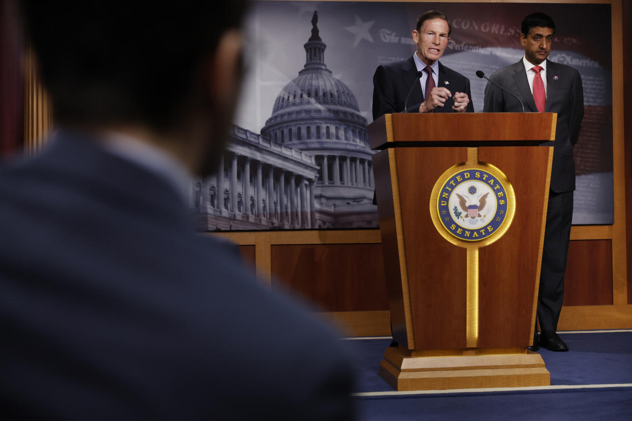 WASHINGTON, DC - OCTOBER 12: Sen. Richard Blumenthal (D-CT) and Rep. Ro Khanna (C-CA) hold a news conference to discuss legislation that would temporarily halt U.S. arms sales to Saudi Arabia at the U.S. Capitol on October 12, 2022 in Washington, DC. Blumenthal and Khanna said the legislation is a reaction to Saudi Arabia agreeing with other OPEC countries to cut production of oil, which they say will help Russia in its war with Ukraine and make allies like the U.S. suffer at the gas pump. 