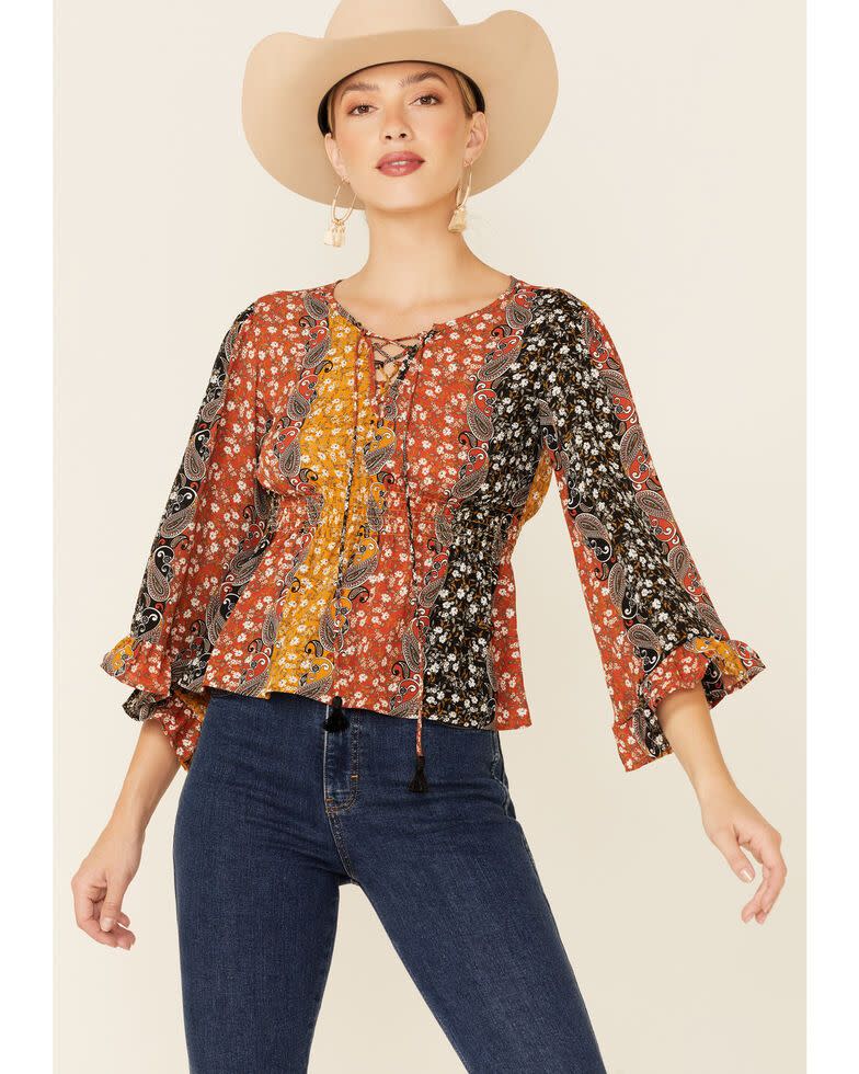 4) Shyanne Boho Floral Stripe Bell Sleeve Top