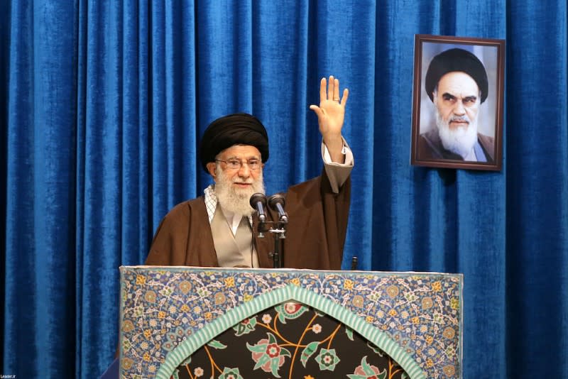 Iran's Supreme Leader Ayatollah Ali Khamenei gestures as he delivers Friday prayers sermon, in Tehran