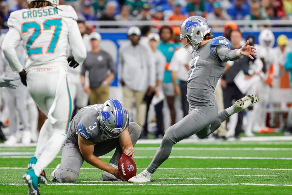 Oct 30, 2022; Detroit, Michigan, USA;  Detroit Lions place kicker Michael Badgley (17) attempts a field goal against Miami Dolphins during the first half at Ford Field. Mandatory Credit: Junfu Han-USA TODAY Sports
