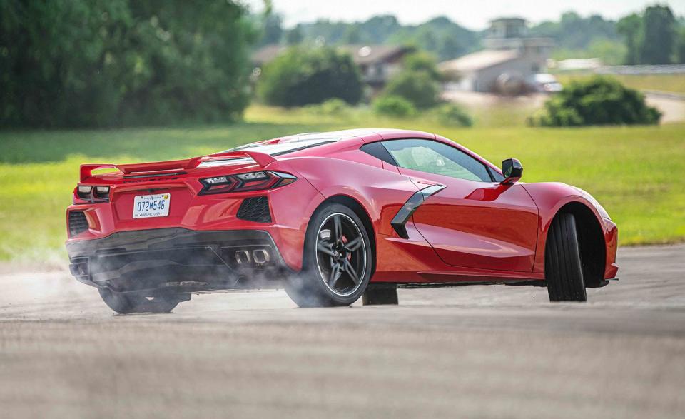 <p>The mid-engine <a href="https://www.caranddriver.com/chevrolet/corvette" rel="nofollow noopener" target="_blank" data-ylk="slk:Corvette;elm:context_link;itc:0;sec:content-canvas" class="link ">Corvette</a> available today is its most subdued form. It's a Stingray, as there's still no Grand Sport, Z06, or ZR1 version. The slowest it's going to be is still Porsche 911 GT3 RS quick and for a third of the price. The Stingray Z51 we tested this year was pretty quick, too: 3.0 seconds to 60 mph and 2.5 seconds from 50 to 70 mph. It's <a href="https://www.caranddriver.com/reviews/a29462701/2020-chevy-corvette-by-the-numbers/" rel="nofollow noopener" target="_blank" data-ylk="slk:quicker around a track than a similarly equipped last-generation Corvette;elm:context_link;itc:0;sec:content-canvas" class="link ">quicker around a track than a similarly equipped last-generation Corvette</a>, a theory we tested at Grattan Raceway in Michigan. It also <a href="https://www.caranddriver.com/reviews/comparison-test/a33825844/2020-chevy-corvette-stingray-z51-vs-2020-porsche-718-cayman-gt4/" rel="nofollow noopener" target="_blank" data-ylk="slk:beat a Porsche 718 Cayman GT4 around the same track;elm:context_link;itc:0;sec:content-canvas" class="link ">beat a Porsche 718 Cayman GT4 around the same track</a> by a 10th of a second. Good numbers for a naturally aspirated, pushrod Chevy small block. </p>