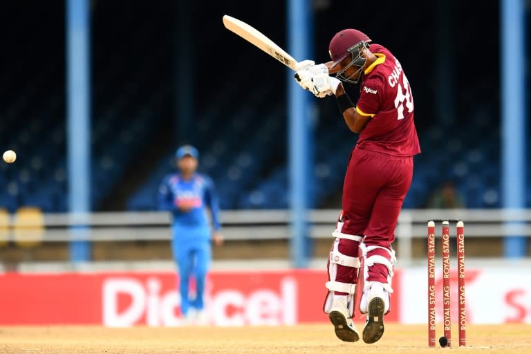 West Indies' Roston Chase plays a shot during their second ODI match against India, at the Queen's Park Oval in Port of Spain, Trinidad, on June 25, 2017