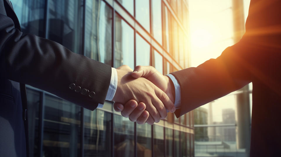 A man in a suit shaking hands with an engineer in front of a modern building with energy-saving windows.