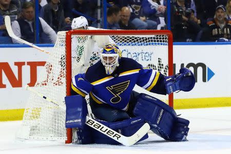 May 17, 2016; St. Louis, MO, USA; St. Louis Blues goalie Brian Elliott (1) defends the net during the second period in game two of the Western Conference Final of the 2016 Stanley Cup Playoff against the San Jose Sharks, at Scottrade Center. Mandatory Credit: Billy Hurst-USA TODAY Sports