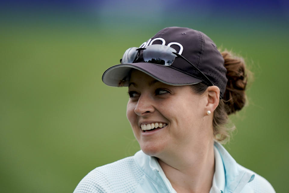 Ally McDonald walks to 18th green during the first round of the LPGA Tour ANA Inspiration golf tournament at Mission Hills Country Club Thursday, April 4, 2019, in Rancho Mirage, Calif. (AP Photo/Chris Carlson)