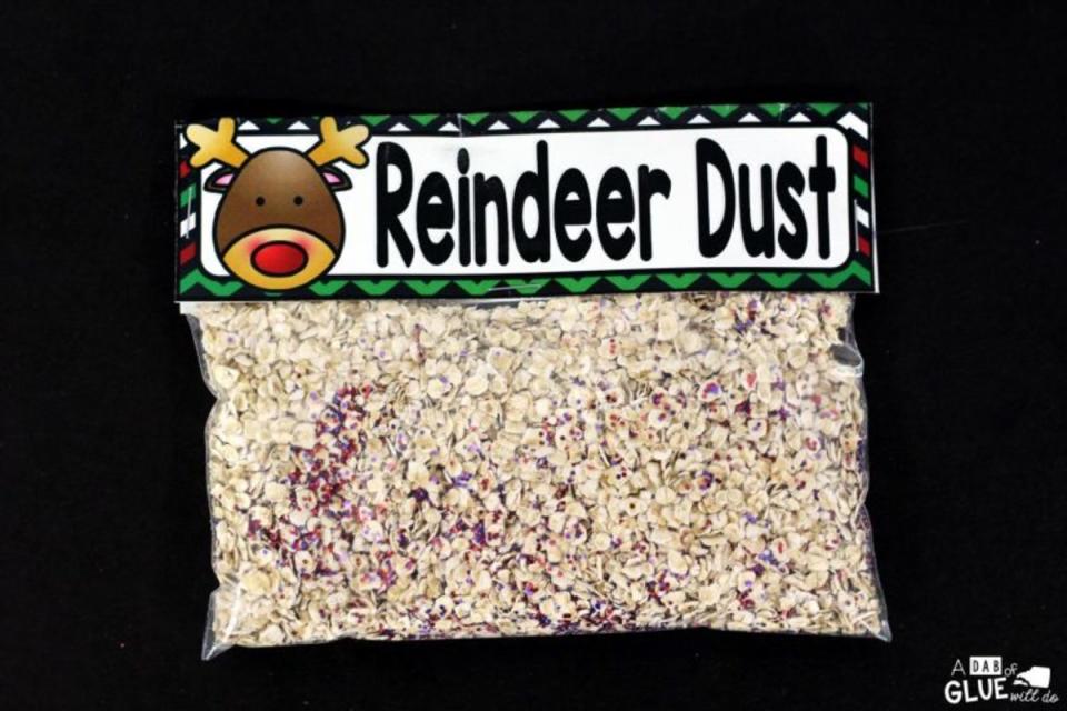 <p>A Dab Of Glue Will Do</p><p>This mixture contains colored sanding sugar so it will sparkle on the lawn and guide Santa.</p><p><strong>Get the recipe: <a href="https://www.adabofgluewilldo.com/reindeer-dust/" rel="nofollow noopener" target="_blank" data-ylk="slk:Reindeer Dust;elm:context_link;itc:0;sec:content-canvas" class="link ">Reindeer Dust</a></strong></p>