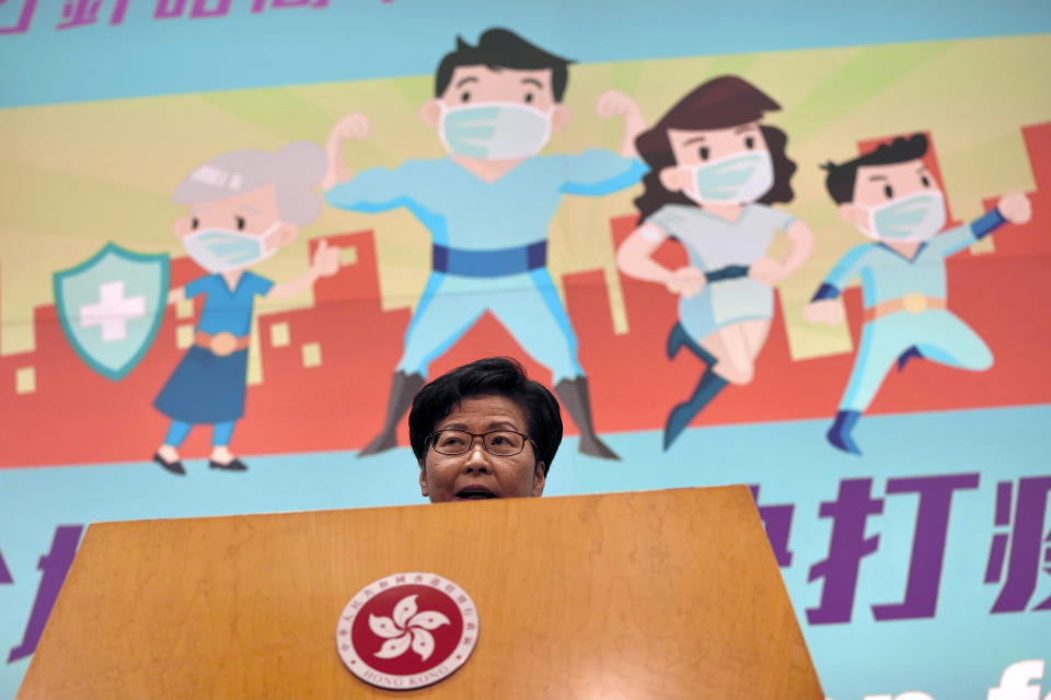 Hong Kong Chief Executive Carrie Lam speaks during her weekly press conference in Hong Kong, Tuesday, June 22, 2021. Lam said that foreign governments are “beautifying” acts that endanger national security in their criticisms of the police crackdown on pro-democracy newspaper Apple Daily, days after five were arrested and assets linked to the newspaper frozen. (AP Photo/Kin Cheung)