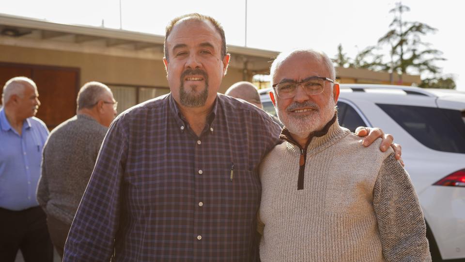 Mamdouh Elalami, left, and Nashat Mshiael, the board president of the Islamic Society of Simi Valley, stand outside their mosque.