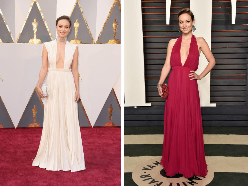 Before: Olivia Wilde in Valentino Haute Couture. After: The actress in a red halter dress.