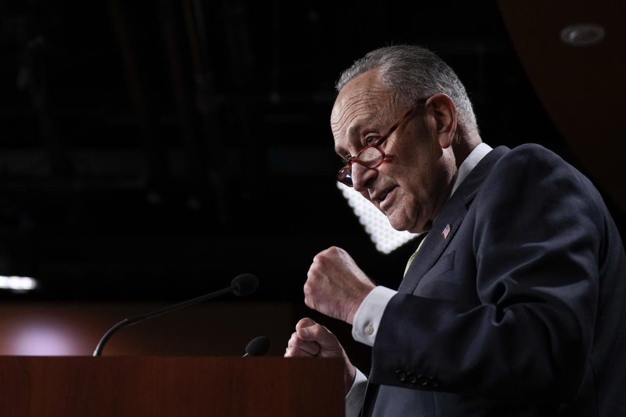 WASHINGTON, DC - JULY 28: Senate Majority Leader Chuck Schumer (D-NY) speaks to reporters during a news conference at the U.S. Capitol July 28, 2022 in Washington, DC. Schumer discussed the CHIPS and Science legislation as well as his recent agreement with Sen. Joe Manchin (D-WV) on the Inflation Reduction Act of 2022. (Photo by Drew Angerer/Getty Images)