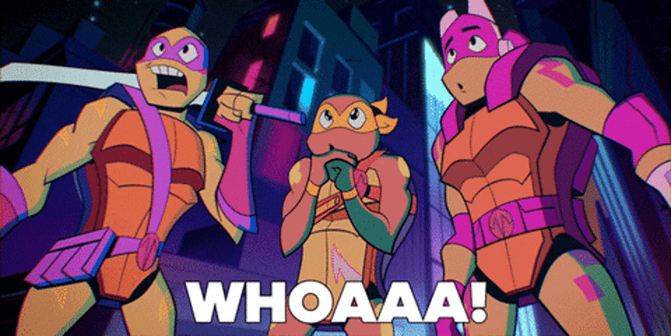 The three Teeenage Mutant Ninja Turtles say, "whoa"