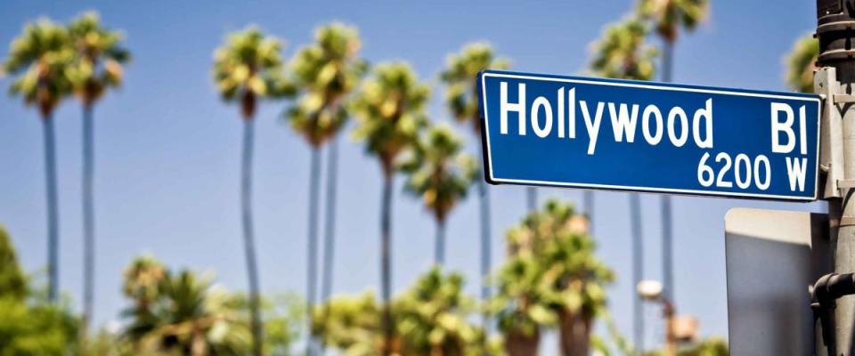 Hollywood boulevard sign, with palm trees in the background