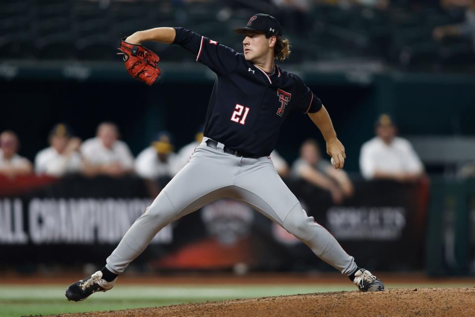 Texas Tech’s Mason Molina (21) attempts to throw a pitch during a first-round game against West Virginia in the Big 12 Conference Tournament on Wednesday, May 24, 2023, at Globe Life Field in Arlington, Texas.