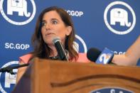 U.S. Rep. Nancy Mace speaks at a GOP "unity rally" after receiving public support for her campaign on from former state Rep. Katie Arrington on Thursday, June 16, 2022, in Charleston, S.C. Mace defeated the Trump-backed Arrington in South Carolina's 1st District Republican primary on Tuesday. (AP Photo/Meg Kinnard)