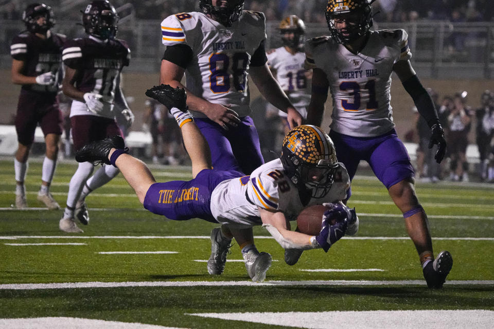 Ben Carter, diving into the end zone in a game against Flour Bluff, made the all-state team in Class 5A after rushing for more than 2,500 yards in 2023.