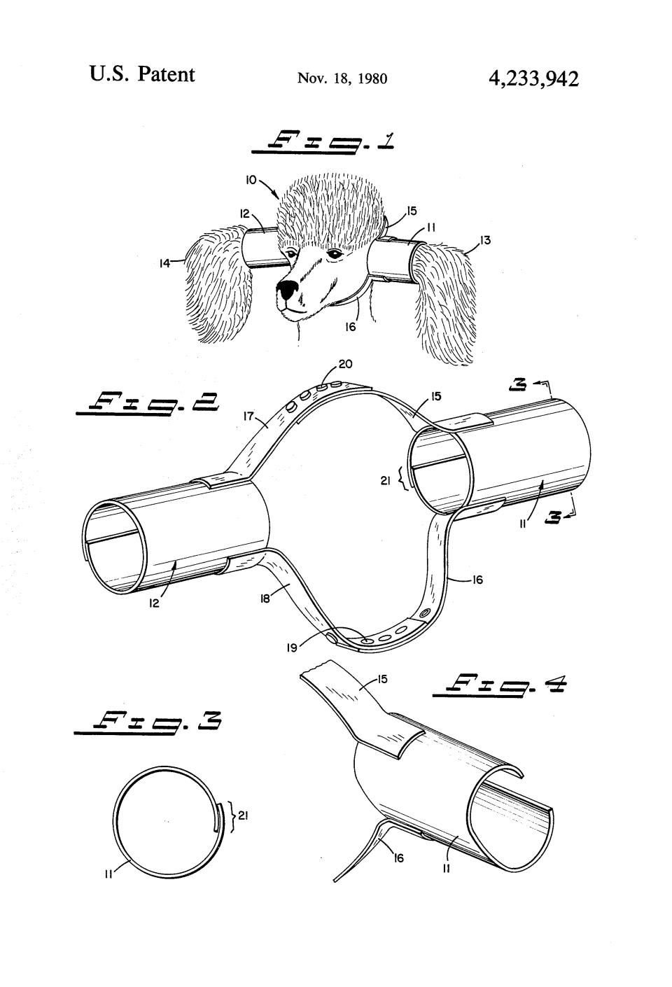 Dieses Patent geht schon viele Jahre zurück: Die sogenannten Tierohrenschützer wurden 1979 von James D. Williams eingereicht und sollten in erster Linie Hunde mit langen Schlappohren davor bewahren, dass die Extremitäten im Essen oder auf dem Boden landen. Dafür werden die Ohren durch ein Rohr gesteckt, sodass sie seitlich abstehen.