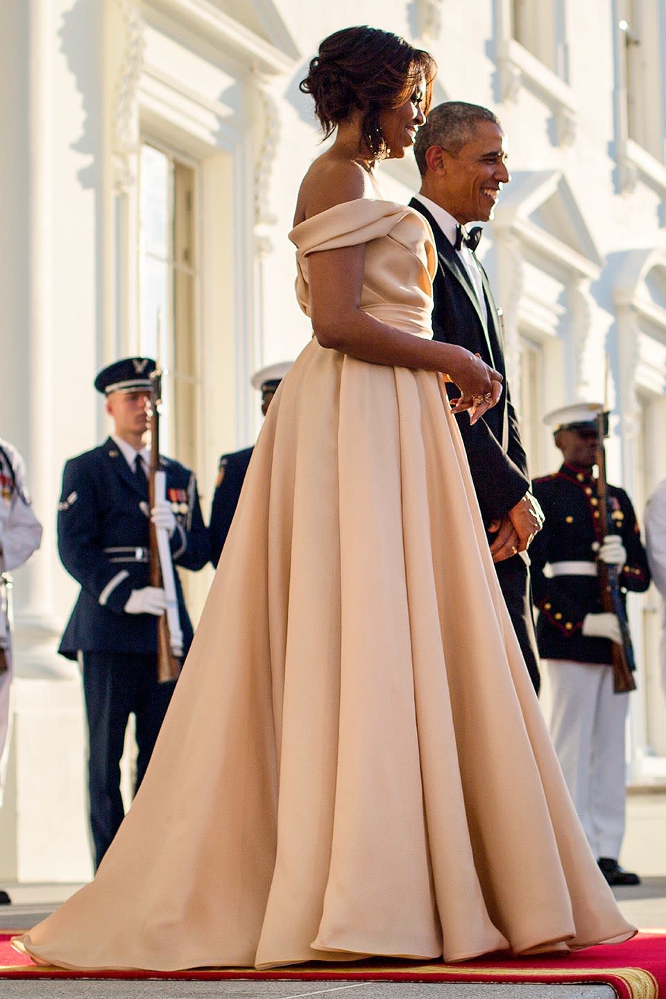 <p>At the 2016 state dinner for Denmark, Finland, Iceland, Norway, and Sweden wearing Naeem Khan.</p>