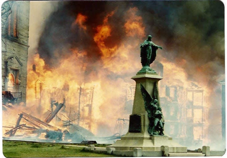 An image from the day that Notre Dame de Lourdes Church burned down, in Fall River, on May 11, 1982.
